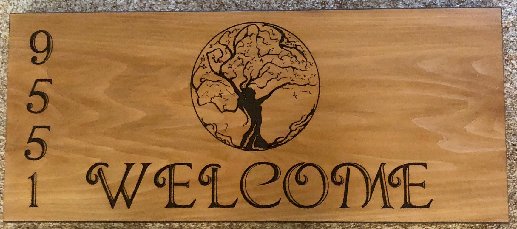 609  routed wood address sign with fantasy tree carving